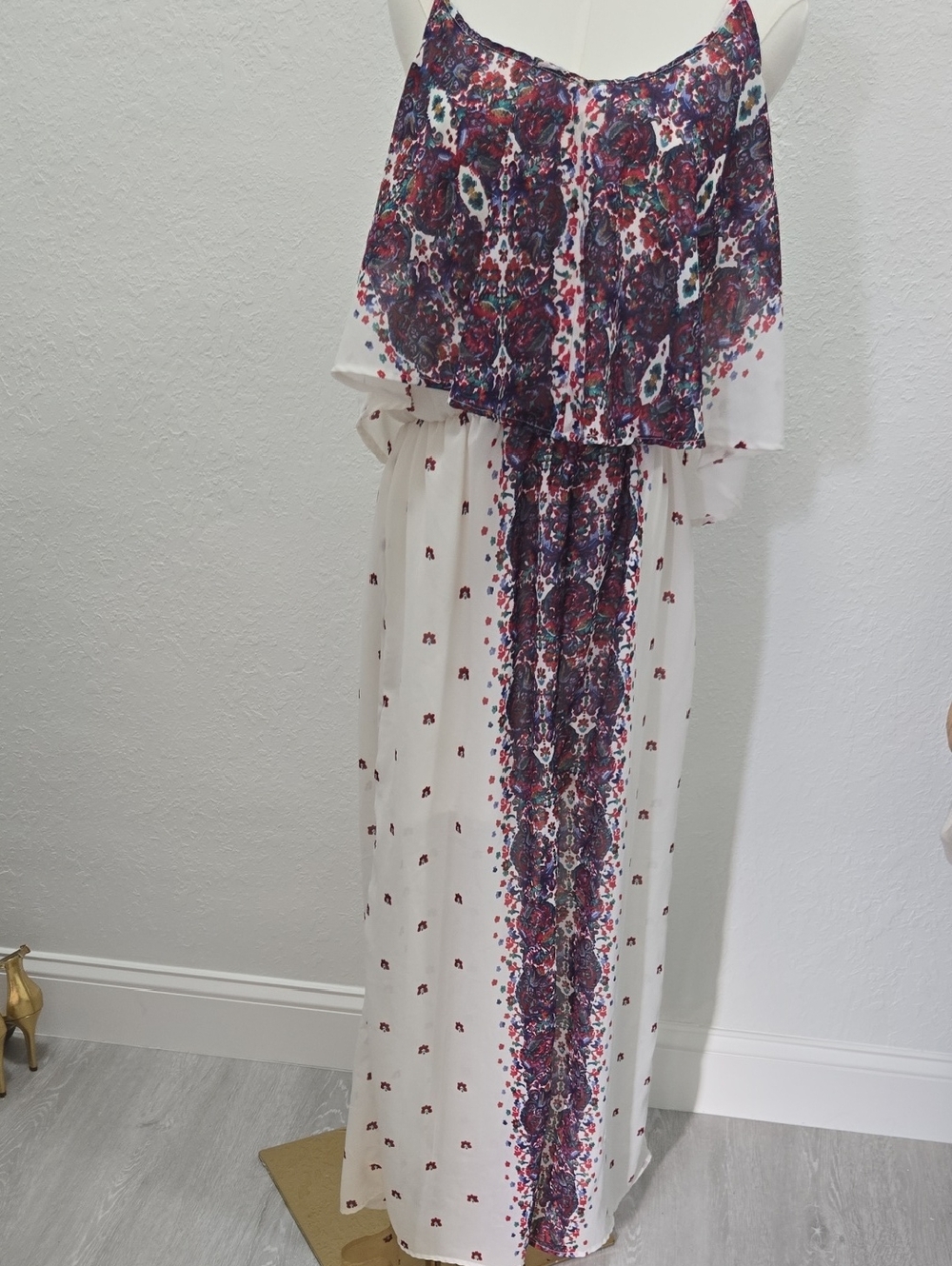 Japna Cream Maxi Dress White With Red And Blue Flowers and  Medallion Panel.